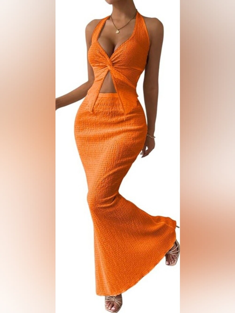 Orange Halter Cutout Maxi 2 Piece Skirt Set Size Small